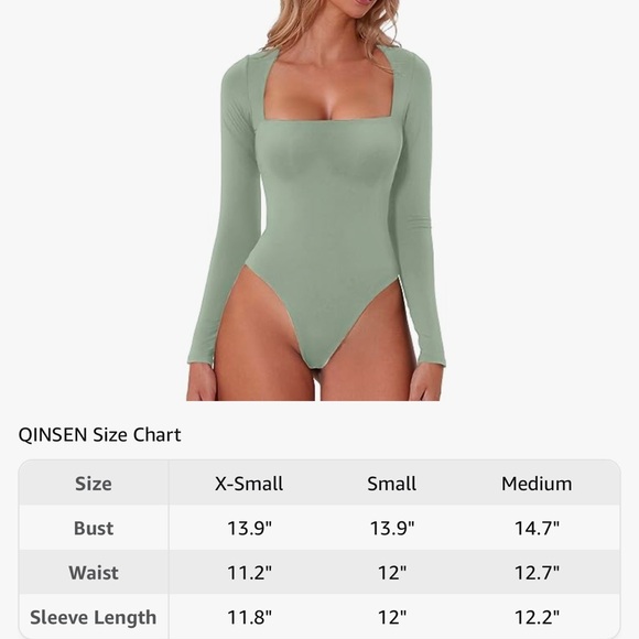 Qinsen Square Neck Long Sleeve Bodysuit | Smoke Green | NWOT - Picture 6 of 7